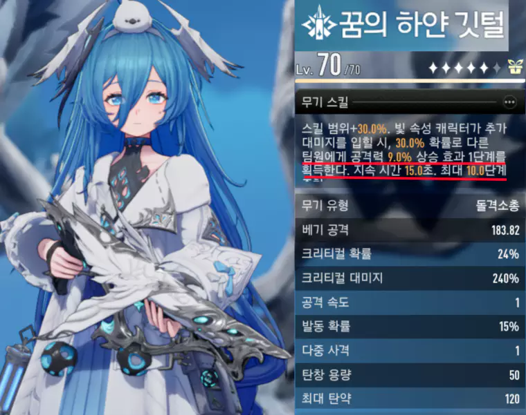 피나의 원거리 무기 '꿈의 하얀 깃털'