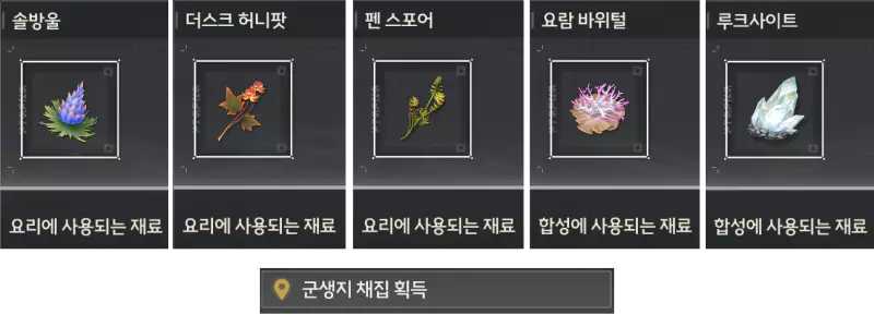 라하이로이 채집물
솔방울
더스크 허니팟
펜 스포어
요람 바위털
루크사이트