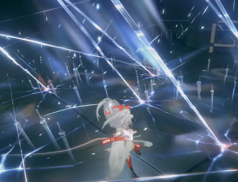 공중에서 [특수 스킬]을 사용하면 지면에 내려 꽂는 공격과 함께 수많은 검이 쏟아져 공격