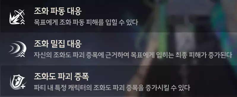 린네 특징 2 조화도 시스템 특화 캐릭터 이며 조화 파동 조화 밀집에 대응하면서 조화도 파괴 증폭을 버프로 뿌리는 캐릭터