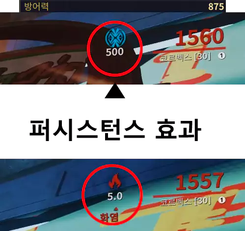 화염 상태 이상으로 방어력이 깎여
 사라진 퍼시스턴스 효과