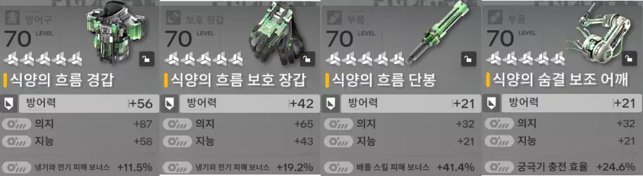 장방이 범용 장비 세팅
식양의 흐름 경갑
식양의 흐름 보호 장갑
식양의 흐름 단봉
식양의 숨결 보조 어깨