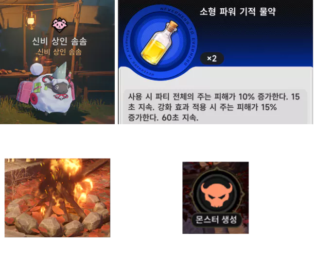 캐릭터 보다 적 레벨이 높아 사냥 속도가 느리다면
 상인 NPC에게 [파워 기적 물약]을 구매해 사용하거나

화롯불의 몬스터 생성 기능을 이용해
 몬스터를 다시 스폰시켜 처치하는 것으로 레벨업과 장비를 맞춰줍니다.