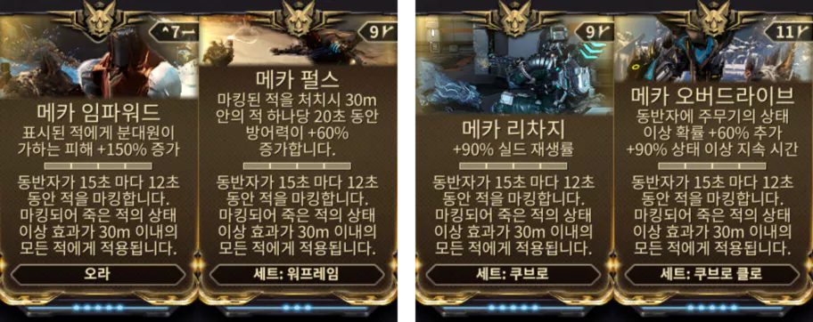 동반자 쿠브로와의 시너지를 극대화하기 위해
메카 4세트를 착용합니다.
(리차지, 오버드라이브는 쿠브로에 착용)