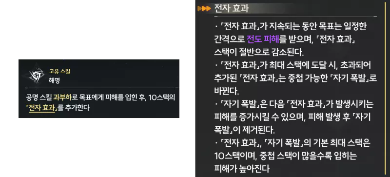 또한 전랑자 고유 스킬의 효과로
과부하로 피해를 입힐 시 전자 효과 10스택 부여가 가능합니다.