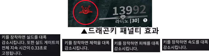 드래곤 키를 소모품 슬롯에 착용 시
 캐릭터의 체력, 실드, 이동 속도 감소 등의 패널티가 있어
드래곤 모드 파밍이 아니면 착용하지 않는 것이 좋습니다.