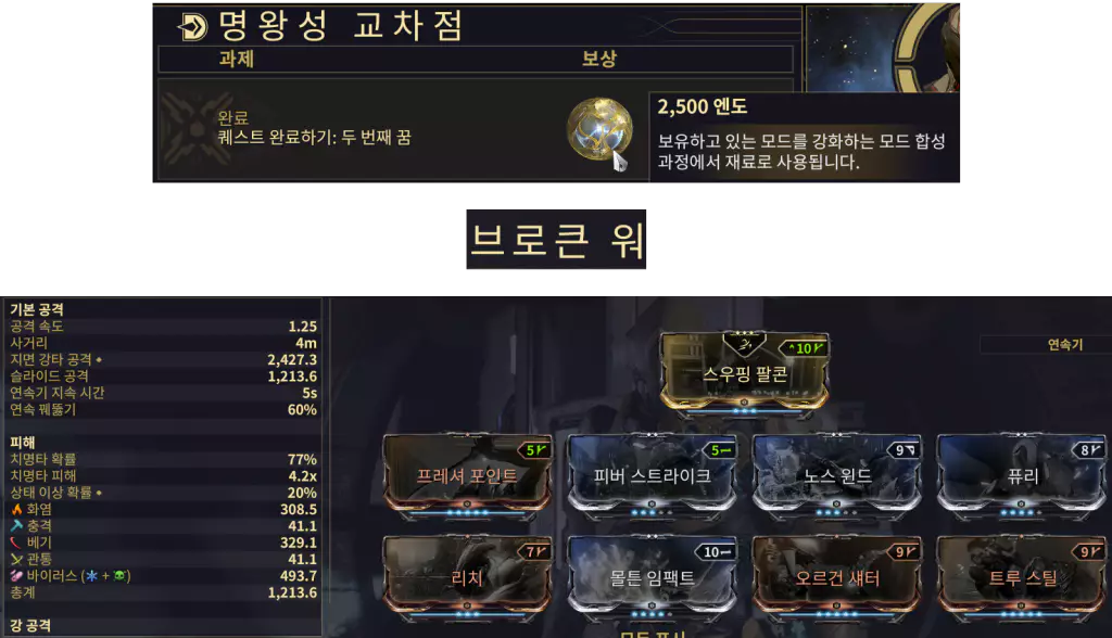 메인 퀘스트 두 번째 꿈에서 보상으로 얻은 근접 무기 브로큰 워를 활용하면 좋습니다.
명왕성 교차점의 과제1 보상으로 엔도를 받아 모드를 세팅하세요