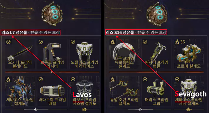 성유물은 네 가지 종류 내에서도 여러 종류로 분류되며
성유물에 붙은 알파벳과 숫자의 조합에 따라
 받을 수 있는 보상이 달라지게 됩니다.