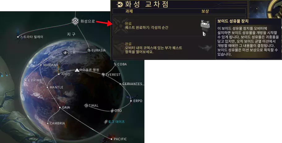 보이드 균열은 메인 퀘스트 각성의 순간을 클리어 후
지구에 있는 화성 교차점의 첫 번째 과제의 보상인 보이드 성유물 장치를
착륙정(=우주선)에 설치하는 것으로 해금이 가능합니다.